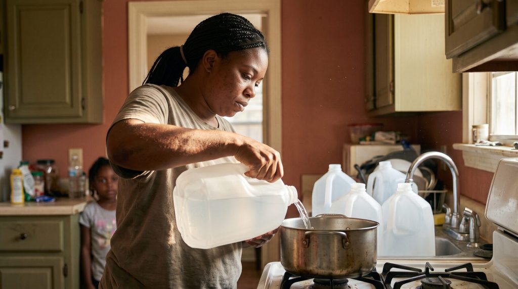 Black mother pouring bottled water into a cooking pot while her daughter watches