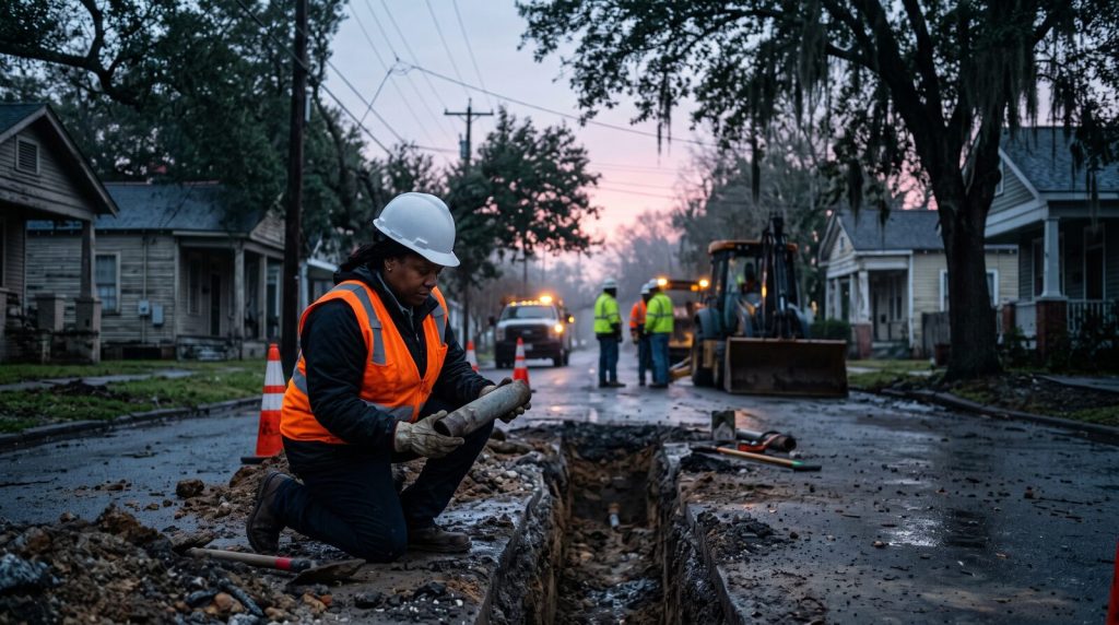 Black woman utility worker at dawn holding an old pipe beside an open trench