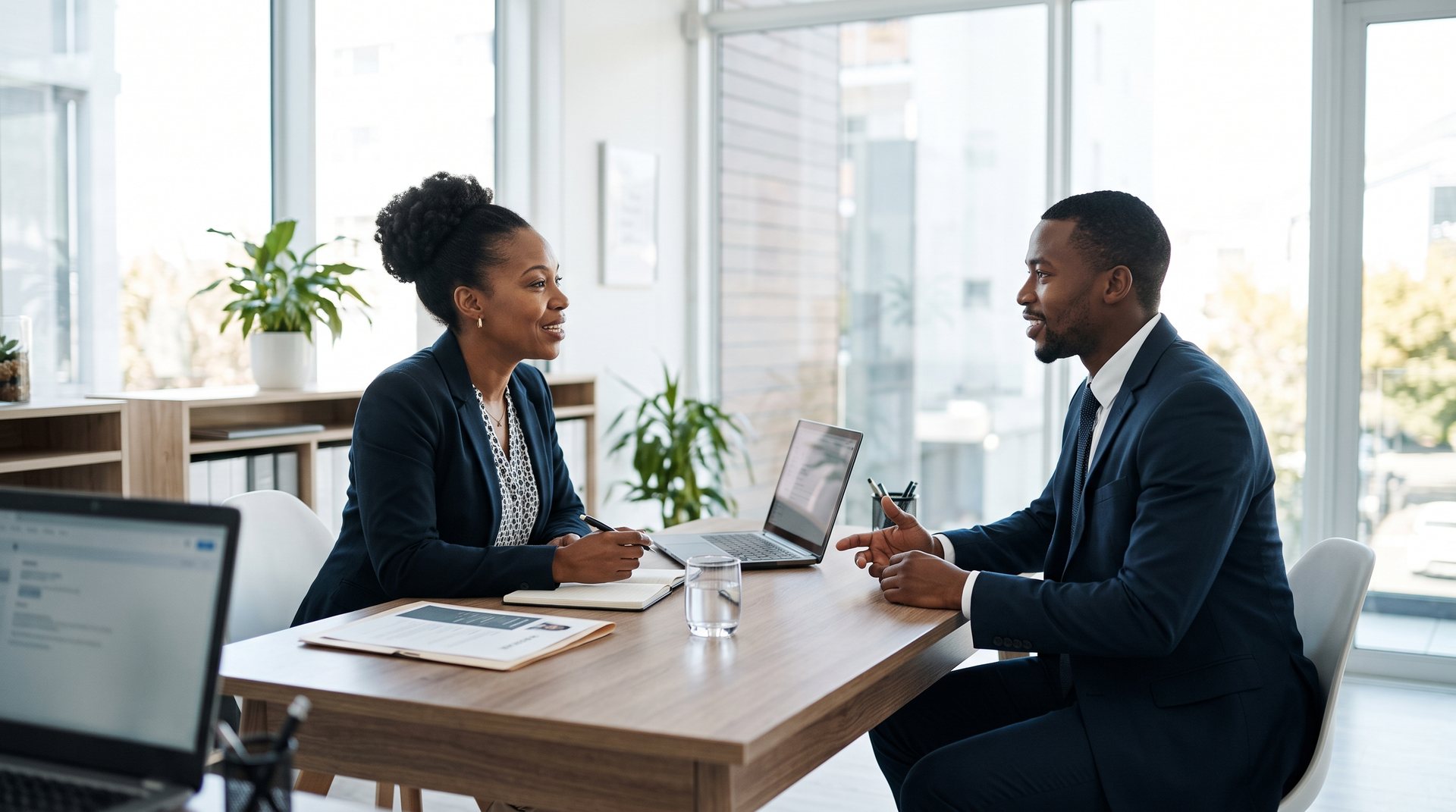 A Black woman hiring manager interviews a Black man for a job