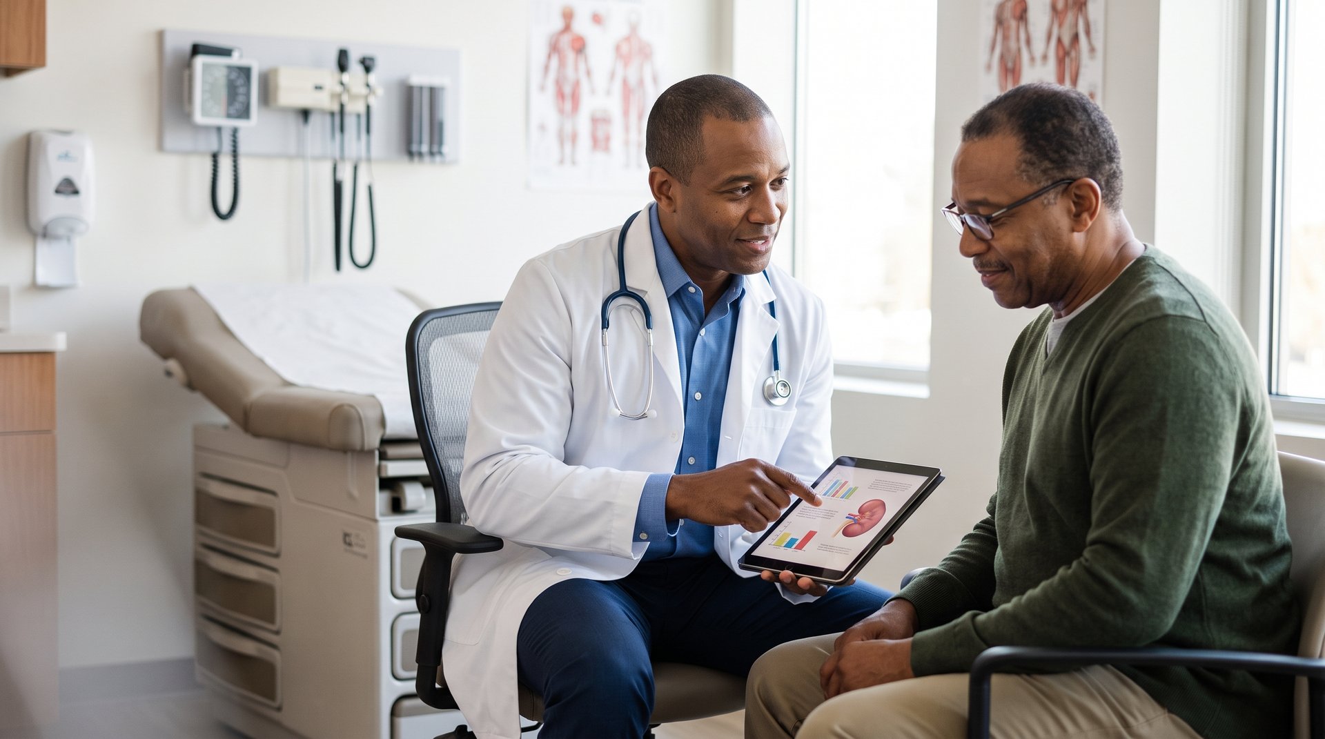 A Black doctor reviews kidney test results on a tablet with a Black patient