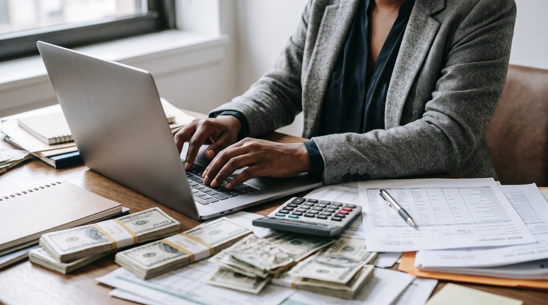 A Black woman works on her finances at a laptop with cash and a calculator