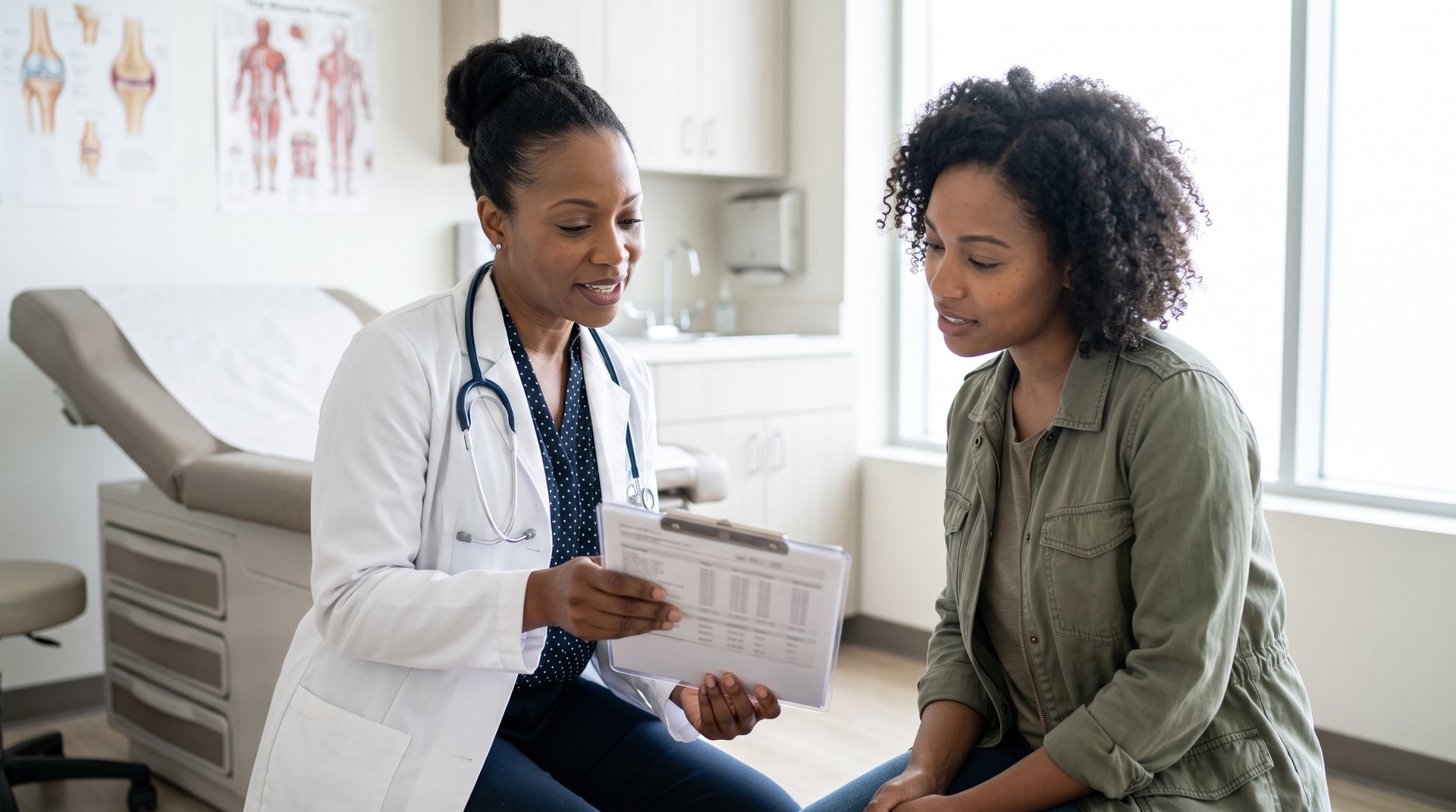 A Black woman doctor goes over lab results with a Black woman patient
