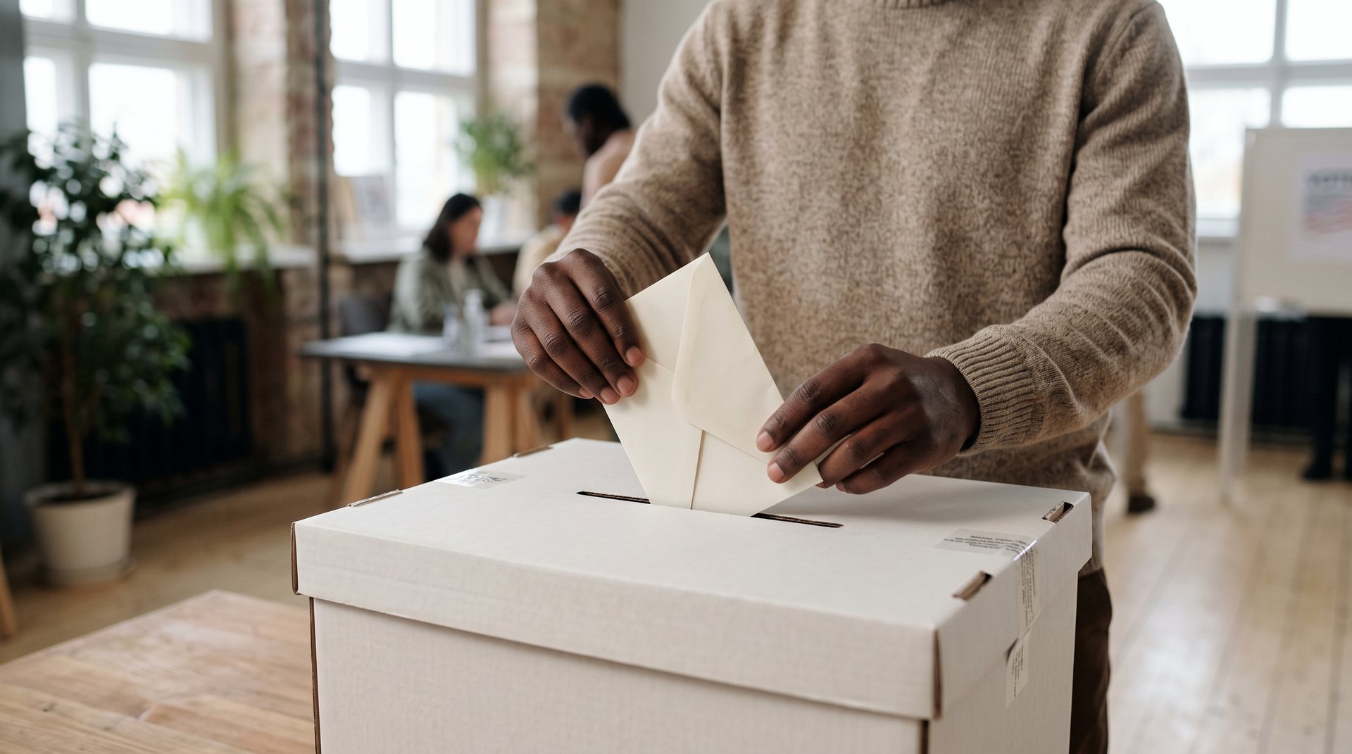 A Black man drops his ballot into a ballot box