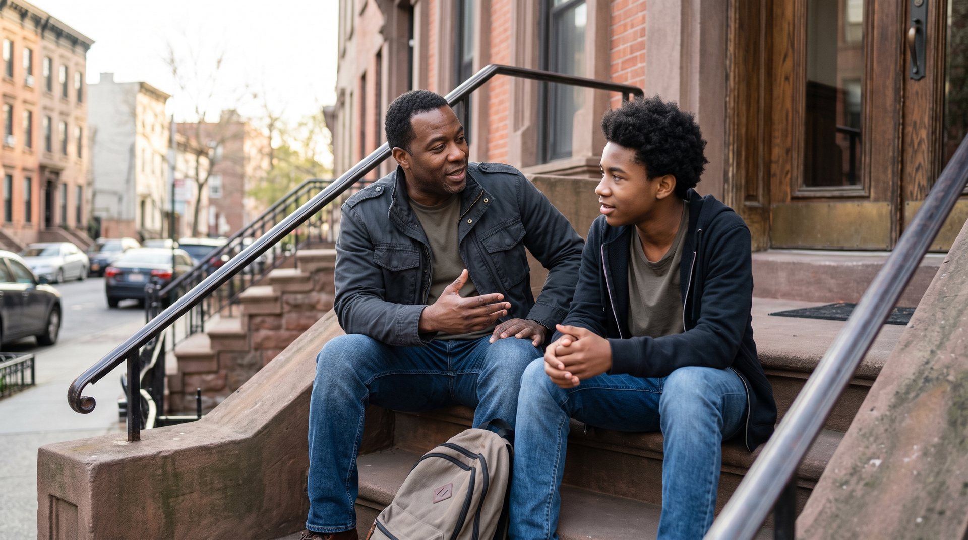 A Black male mentor talks with a Black teenage boy on brownstone steps