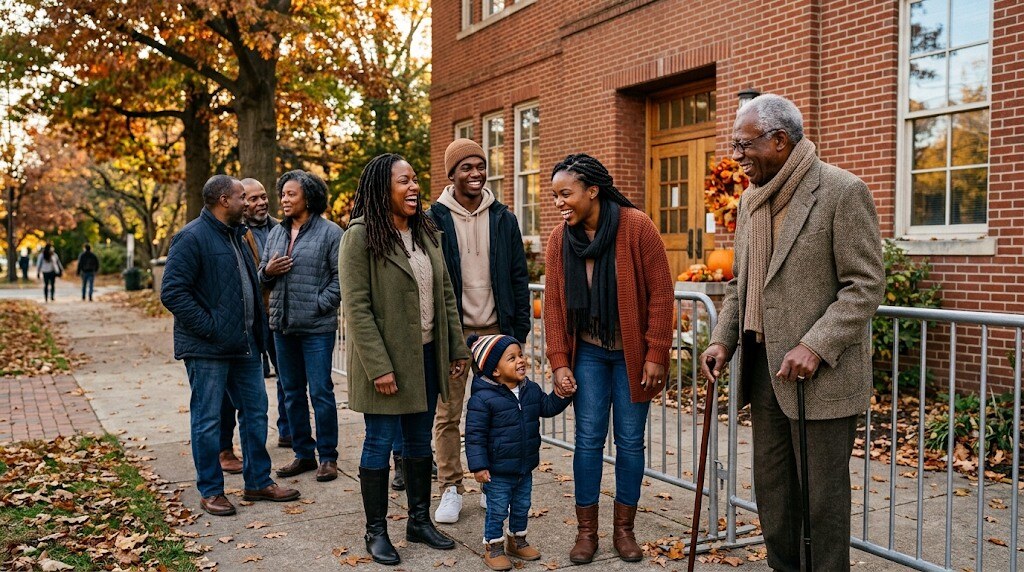 Black voters of different ages waiting in a friendly line outside a community center polling site