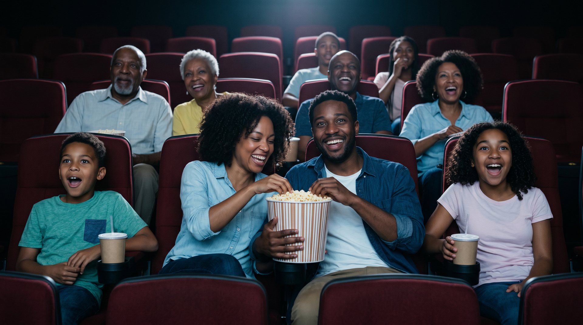 Black moviegoers of all ages react to a film in a theater