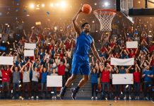 NBA 2026-27 Season Preview: Opening Night, Stars, Rookies, TV Guide A Black basketball player in a plain blue jersey rises for a dunk in a packed arena on opening night