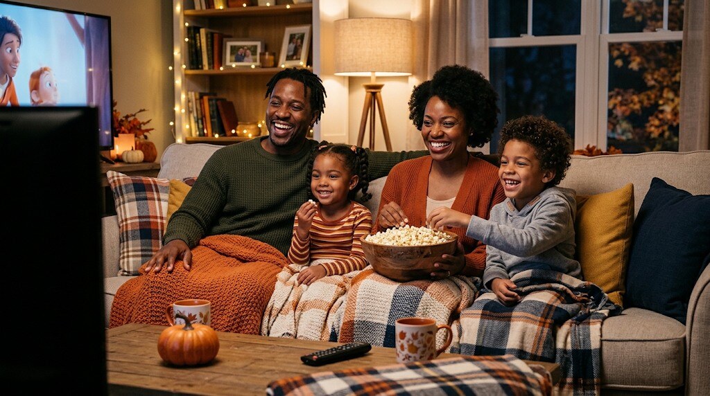 A Black family shares popcorn on a living room sofa during a fall movie night