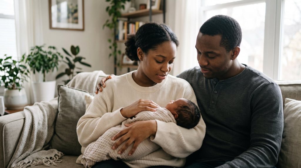 A young Black mother holds her newborn as her partner sits beside her