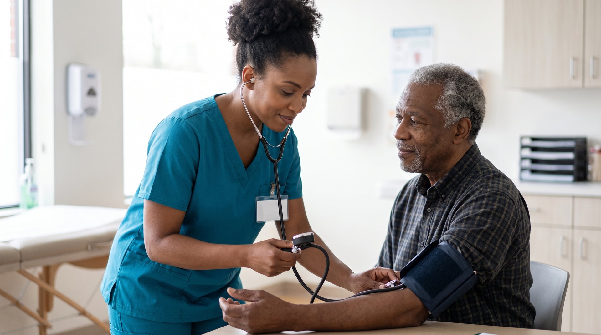 A Black nurse checks the blood pressure of an older Black man