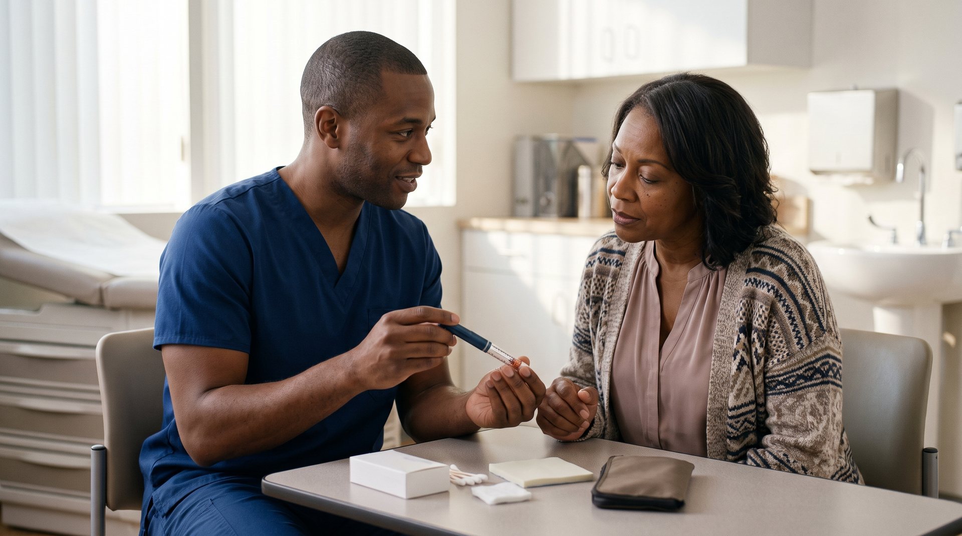 A Black nurse shows a Black woman how to use a diabetes medication pen