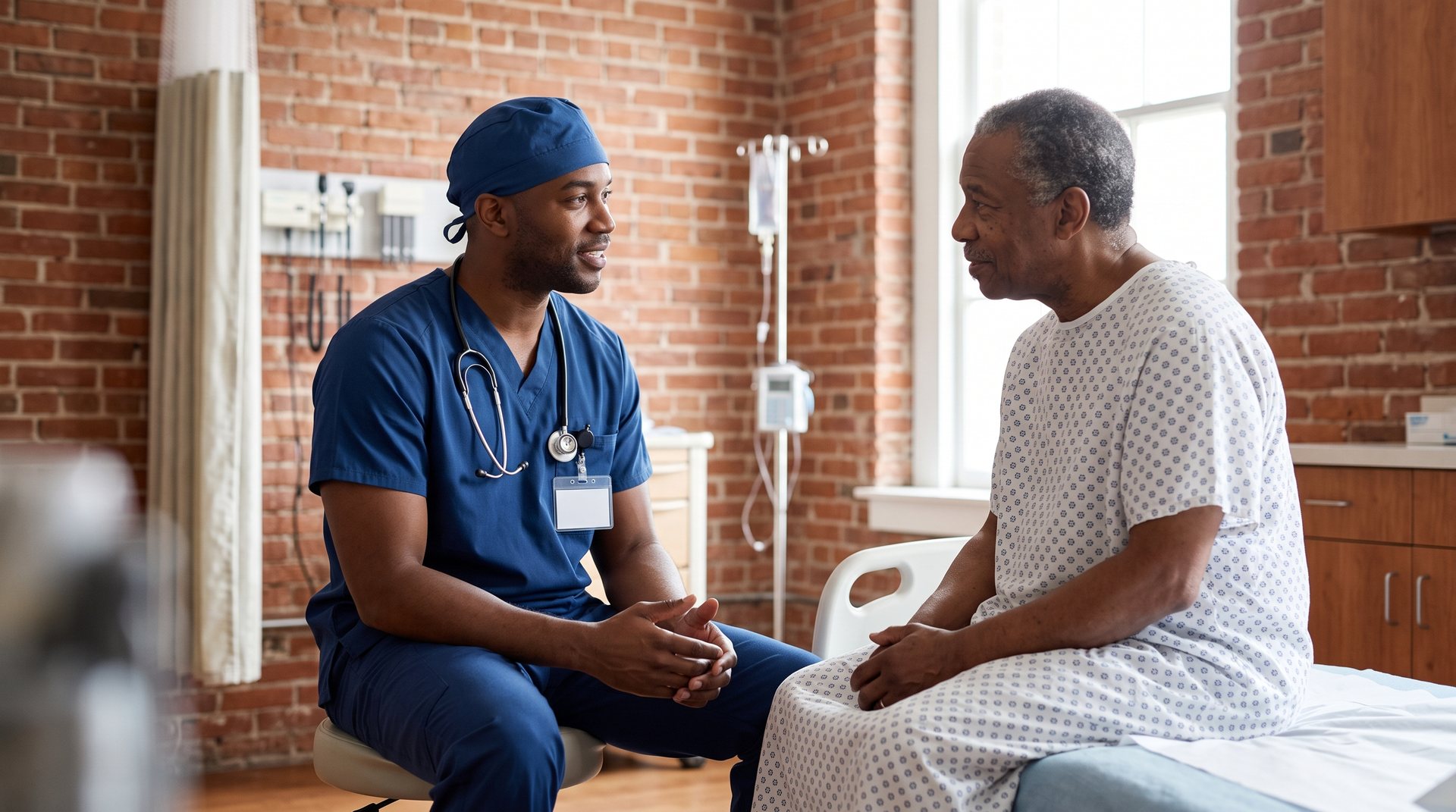 A Black male nurse talks with an older Black man patient
