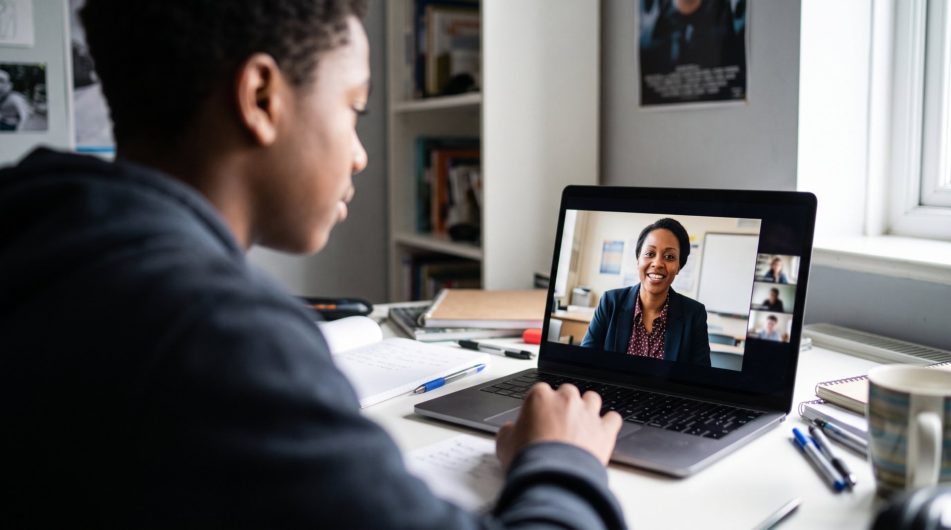 A Black teen takes an online class with a Black teacher on screen