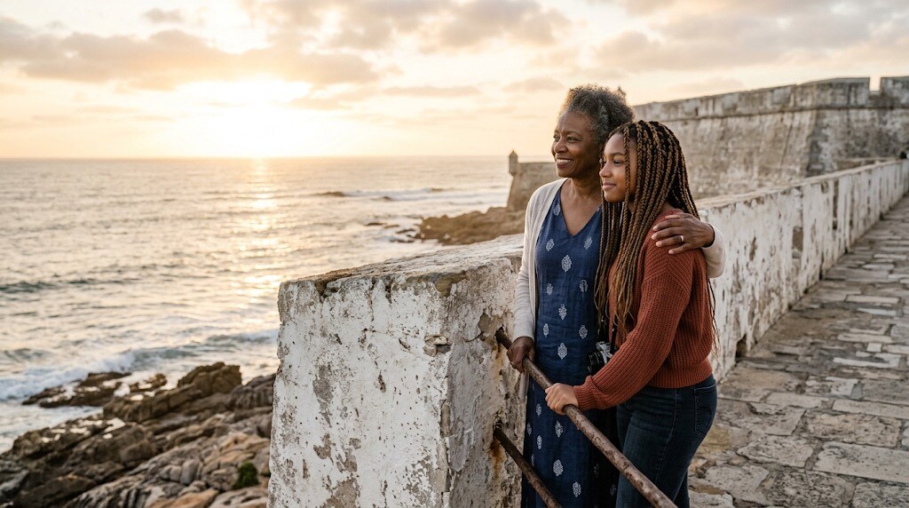 Black grandmother and granddaughter looking out over the ocean from a historic coastal fort