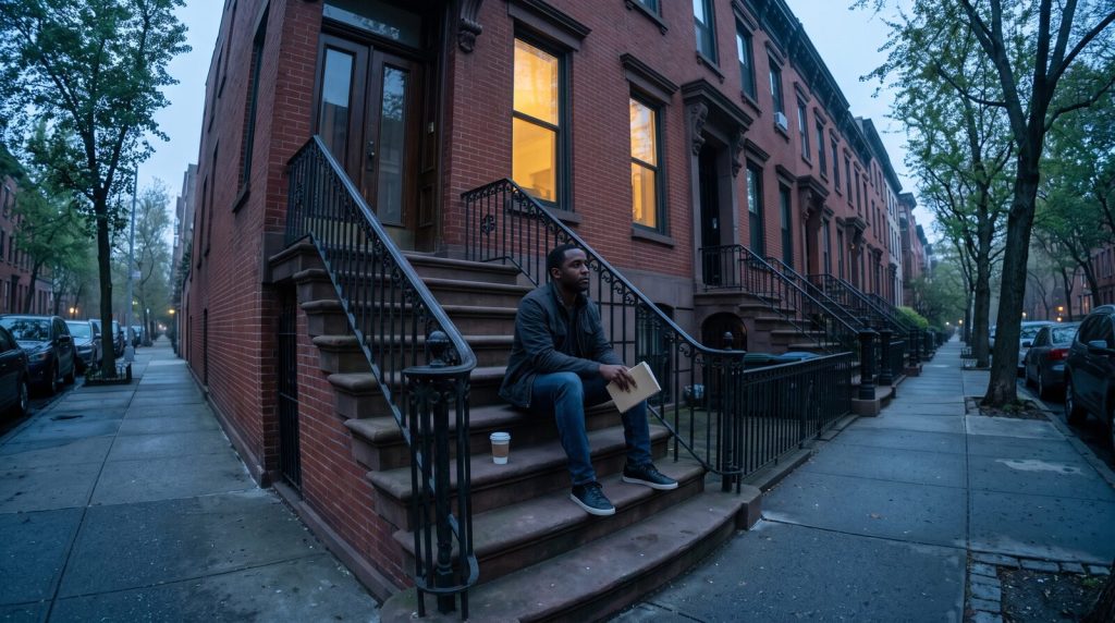 Black man sitting on a brownstone stoop at dawn with a closed book on his knees
