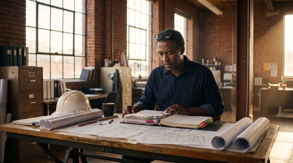 Black contractor in his fifties reviews a thick binder of documents at a drafting table