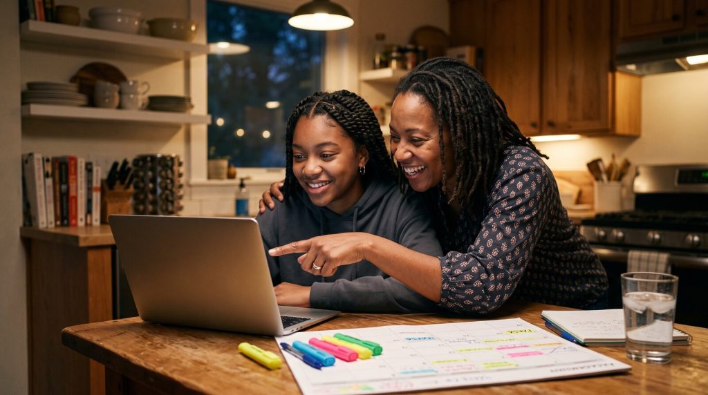 Black high school senior working on a scholarship application on a laptop at a kitchen table with a parent
