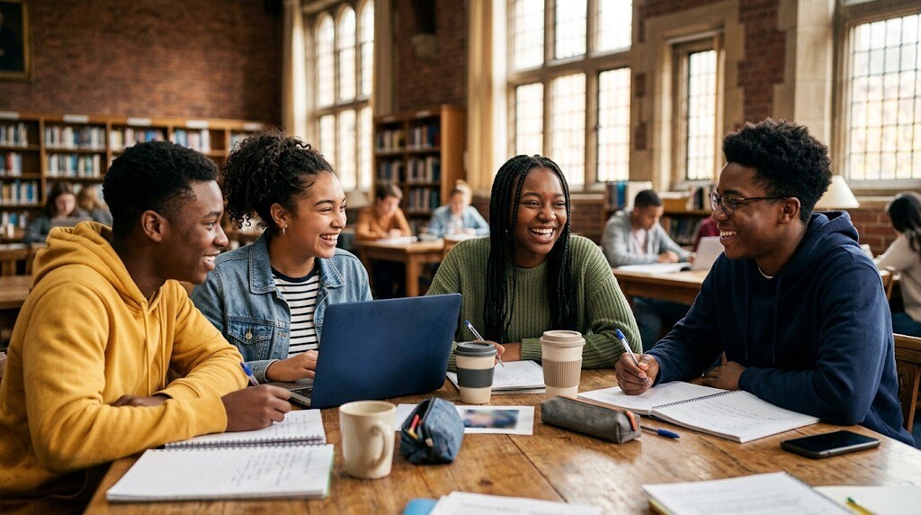 Group of Black students studying together at a library table with notebooks and a laptop