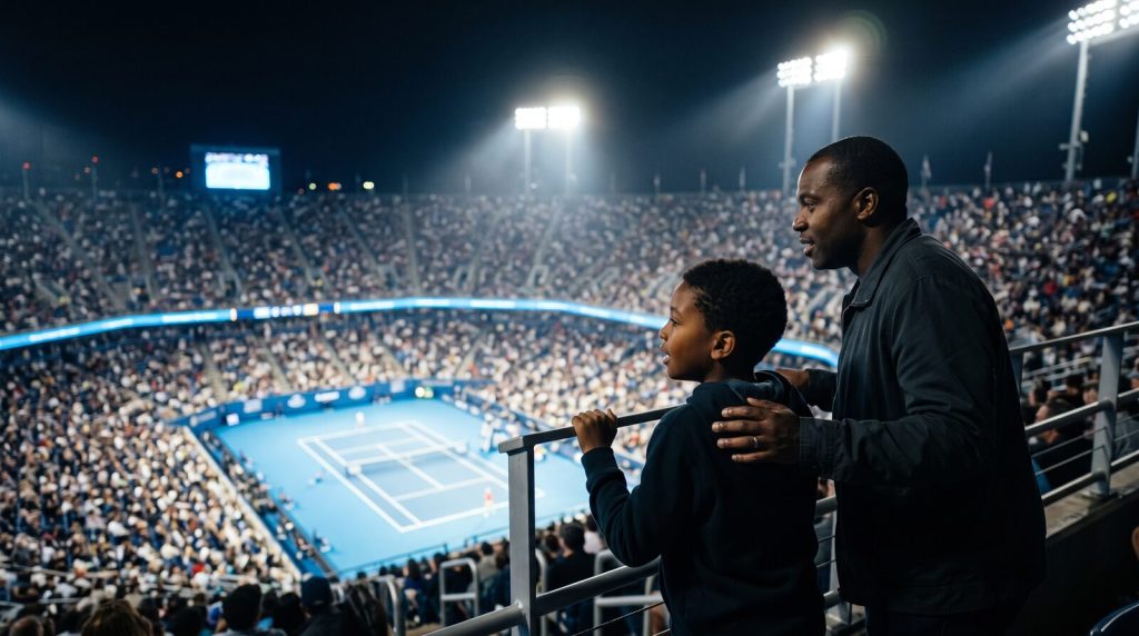 Black father and son watch a night tennis match from a floodlit stadium's upper deck