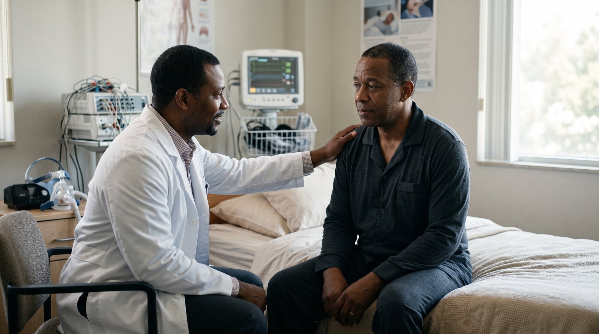 A Black sleep specialist reassures a Black man patient in a sleep clinic