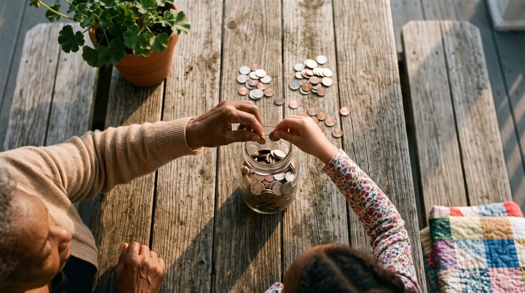 Black grandmother and granddaughter dropping coins into a glass savings jar on a porch