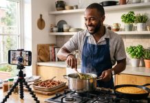 Vegan Soul Food: 6 Black YouTube Cooks and What to Cook First Smiling Black man cooking vegan collard greens and cornbread while filming on a phone tripod