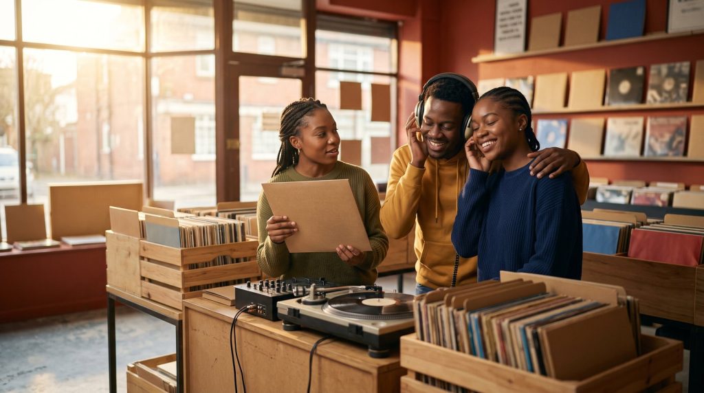 Three young Black friends share headphones and hold up a vinyl record at a sunlit record store listening station