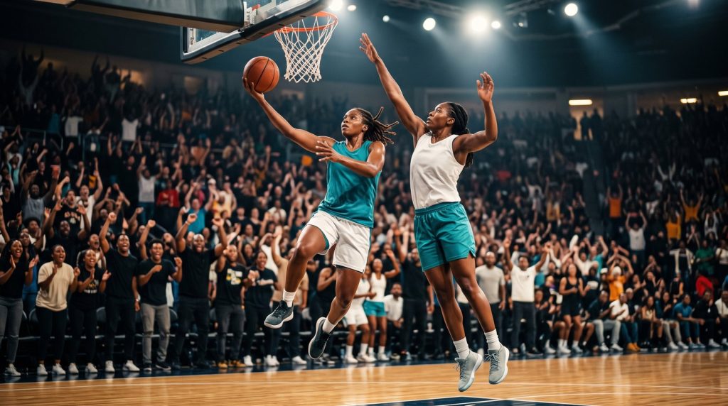 Two Black women basketball players battle at the rim during a playoff game in a packed arena under bright lights