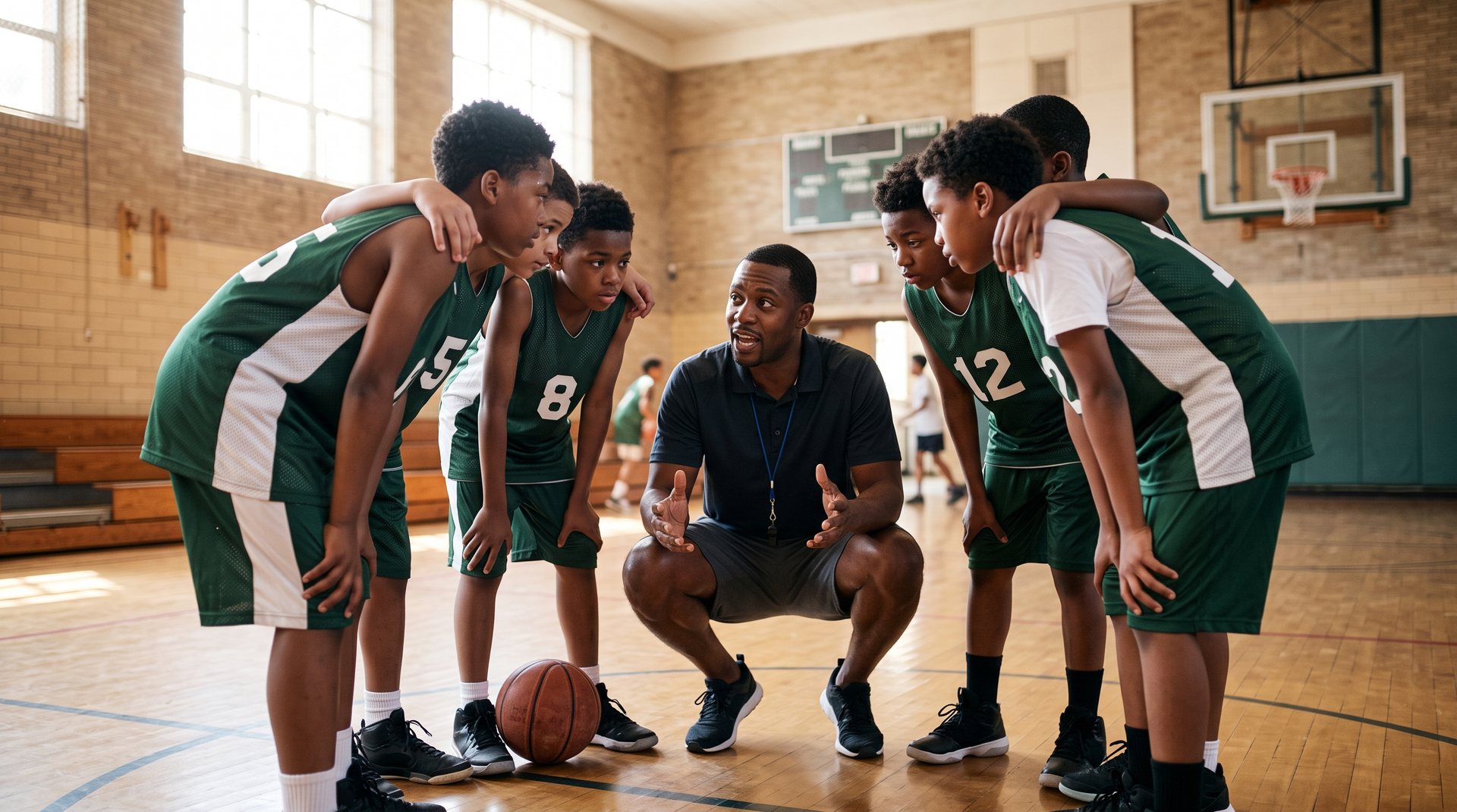 A Black youth basketball coach gives a pep talk to his team