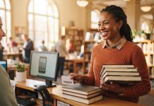 Your Library Card Unlocks 11 Free Things Most People Never Use A smiling Black woman at a library checkout desk holding a library card and a stack of books